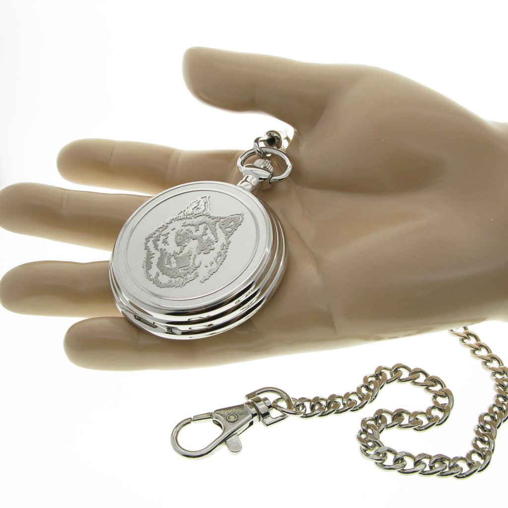 Wolf Head Silver Pocket Watch with Chain showing size on hand