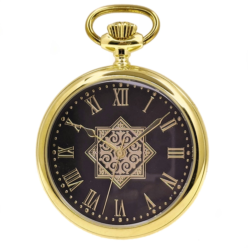 Gold Open Face Pocket Watch with Black Dial and Gold Roman Numbers