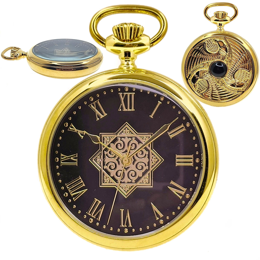 Gold Pocket Watch with Black Dial Roman Numbers and High Relief Engraving Eagle case back