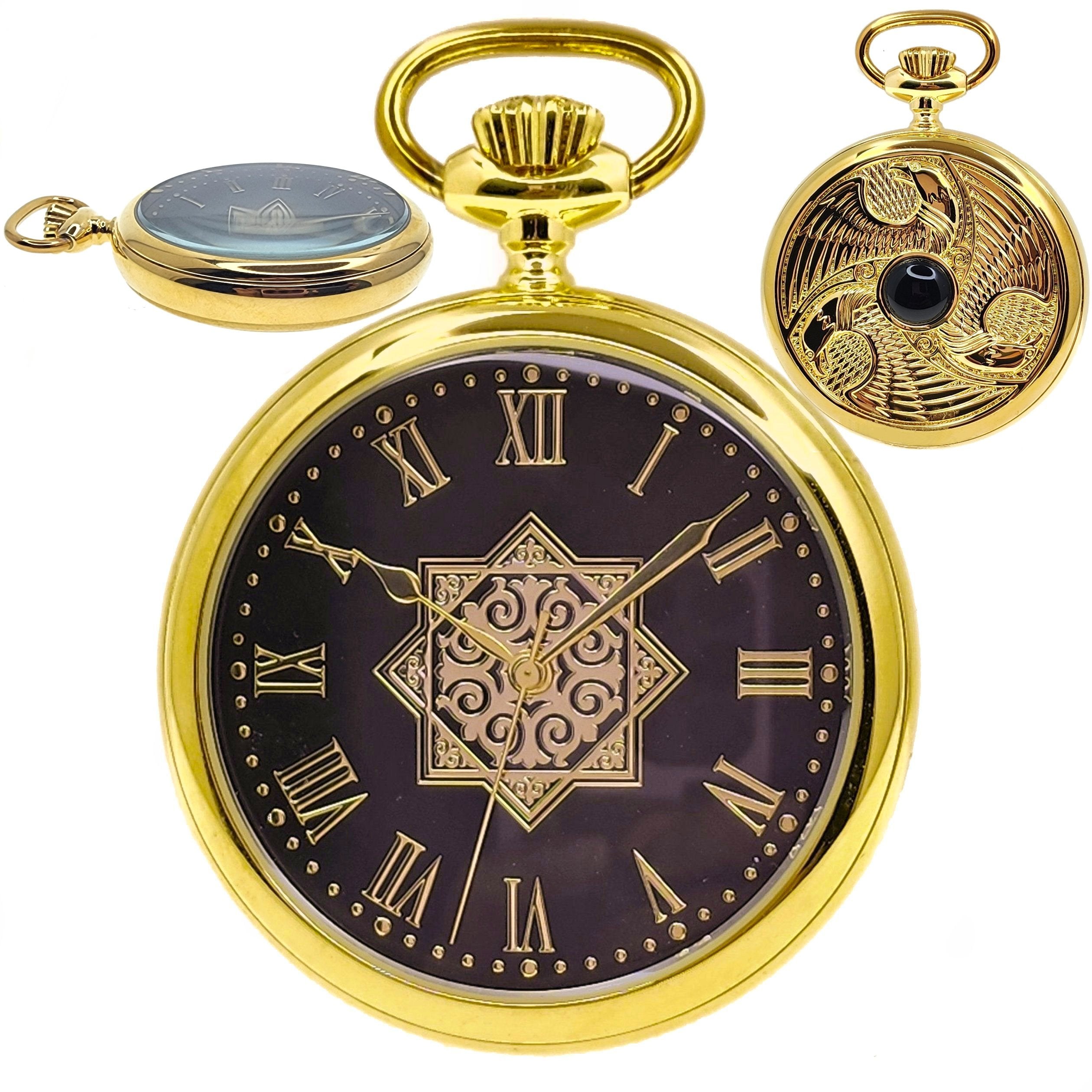 Gold Pocket Watch with Black Dial Roman Numbers and High Relief Engraving Eagle case back
